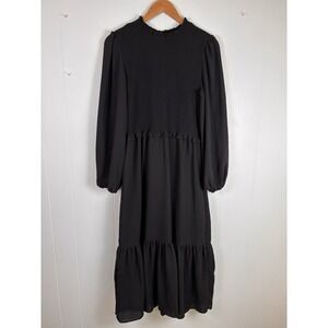 Nanette Lepore  Womens Medium Black Midi Dress High Neckline Modest Smocked Goth